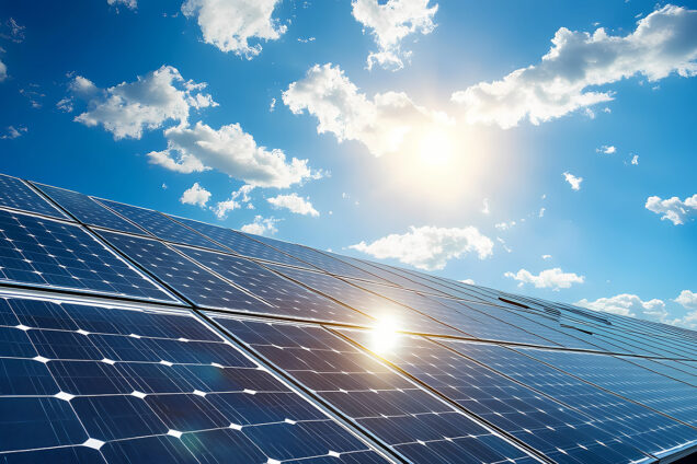An array of solar panels installed on a rooftop under bright sun